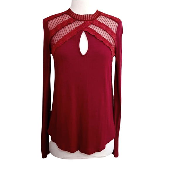 Free People Tops - Free People New Romantics Ruby Jane Lace Mesh Cut Out Long Sleeve Tee XS